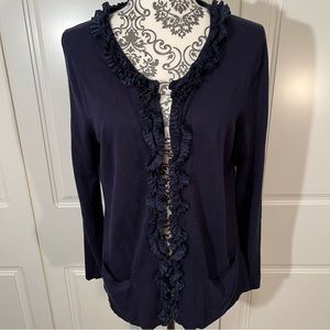 TALBOTS Navy Blue Ruffle trim cotton-blend cardigan women's size large w/pockets